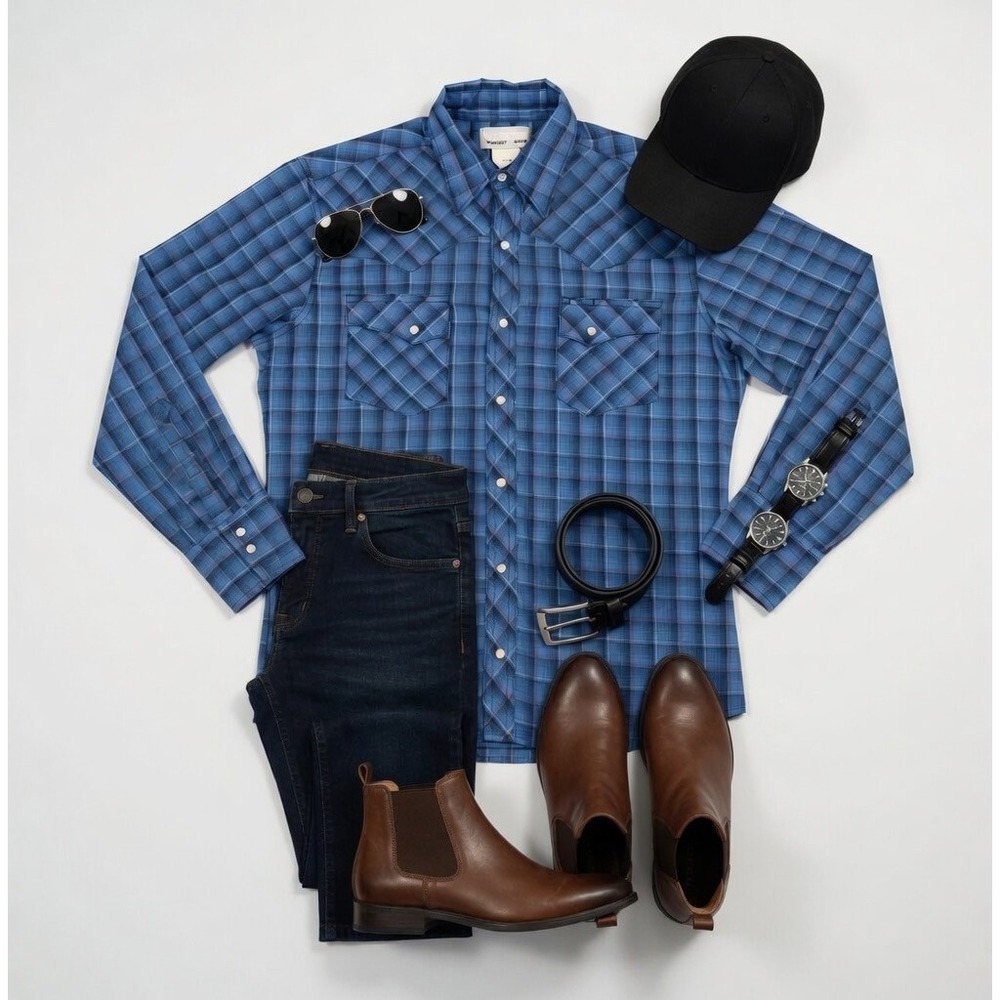 Wrangler Wrancher Mens Blue Plaid Western Pearl Snap Shirt Size Medium‎